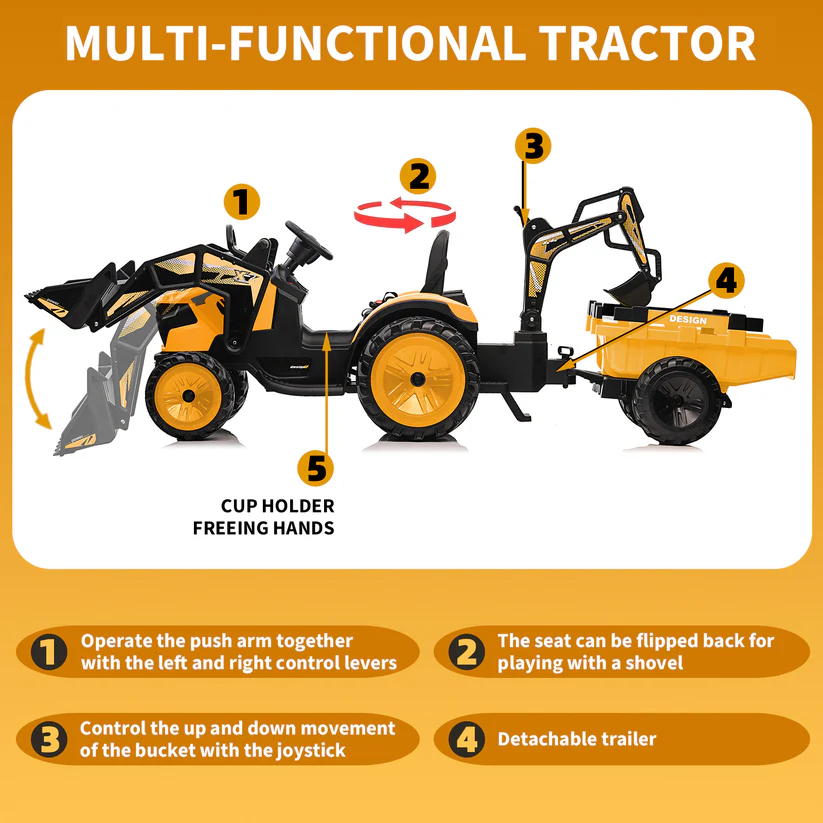 3-in-1 Ride-On Tractor 24V Electric Excavator & Bulldozer